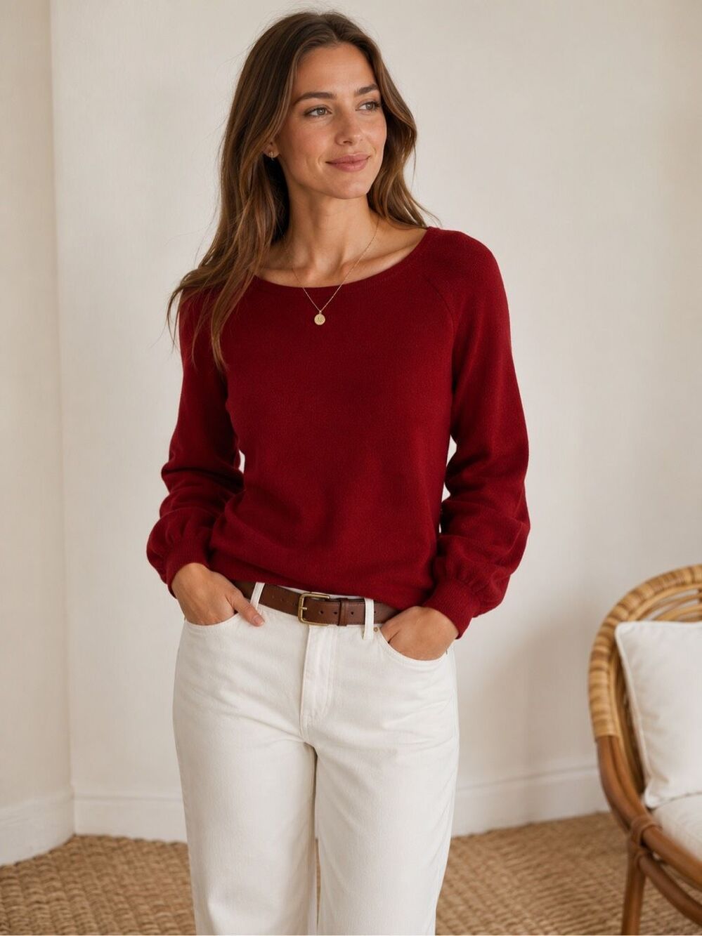 Hill House Home Burgundy Balloon Sleeve wool Knit Sweater | Classic Crewneck Pul